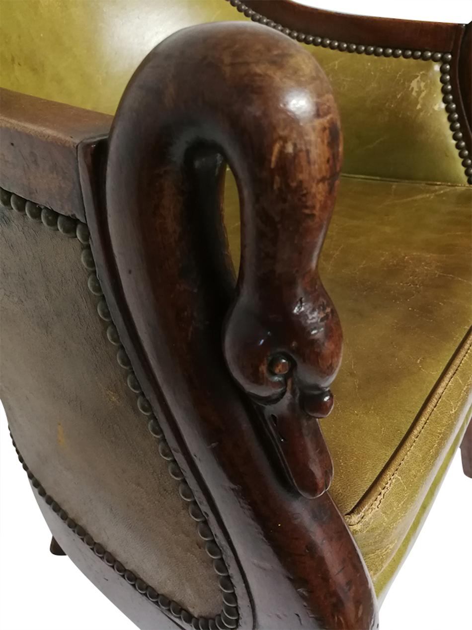 Khaki Leather Armchair with Carved Swan Armrests For Sale 3