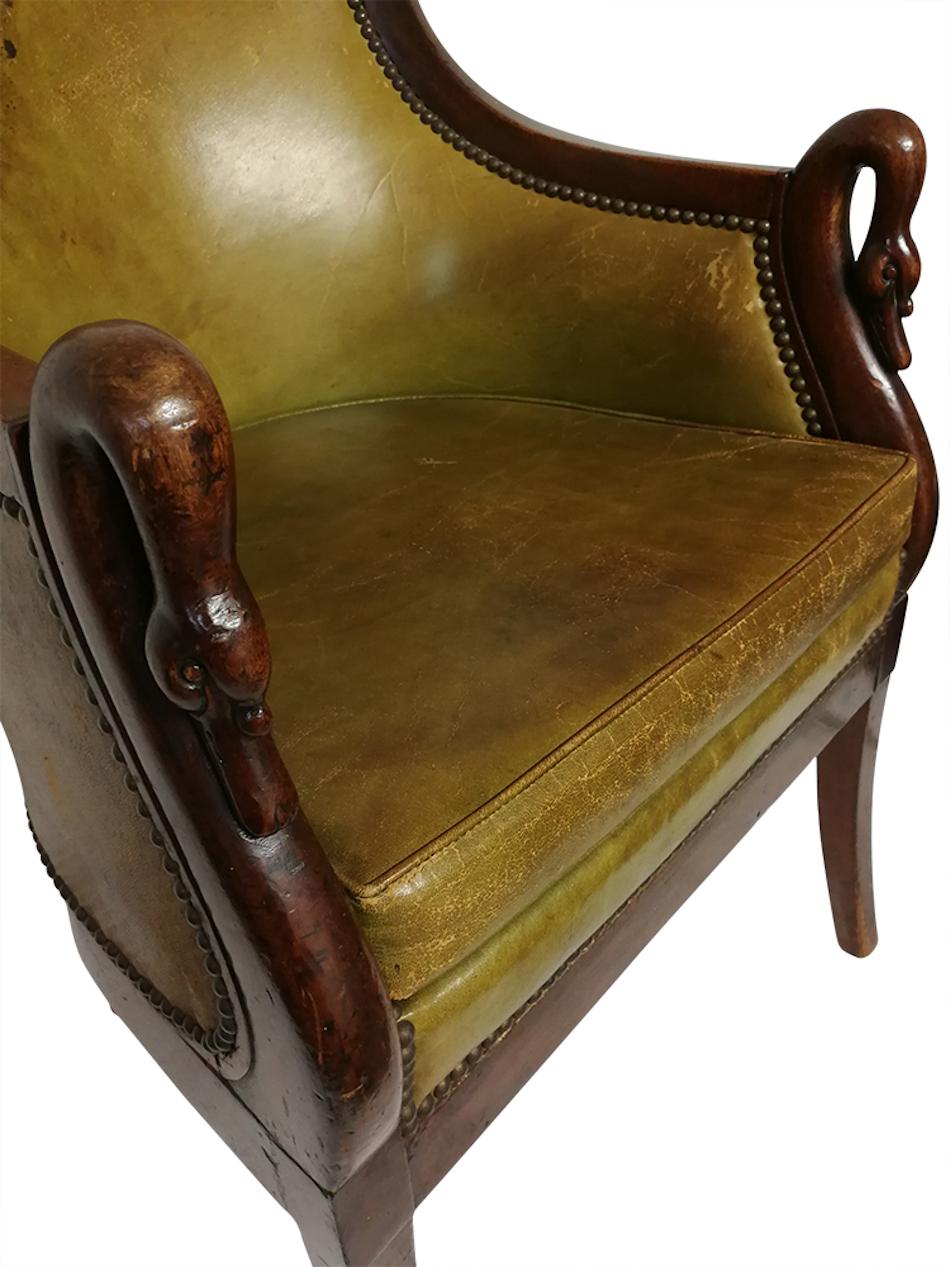 Khaki Leather Armchair with Carved Swan Armrests For Sale 4
