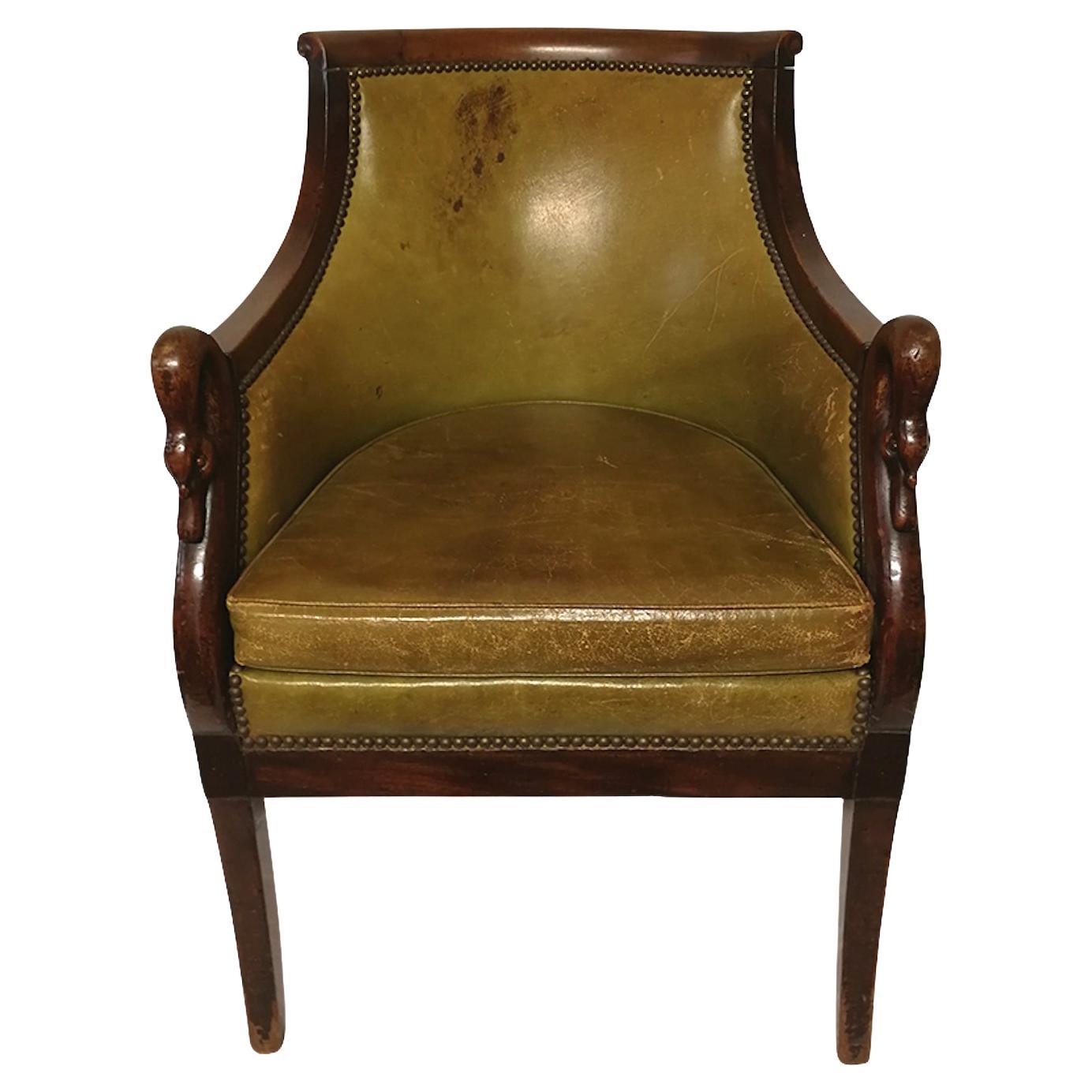 Khaki Leather Armchair with Carved Swan Armrests For Sale