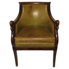 Antique Khaki Leather Armchair with Carved Swan Armrests
