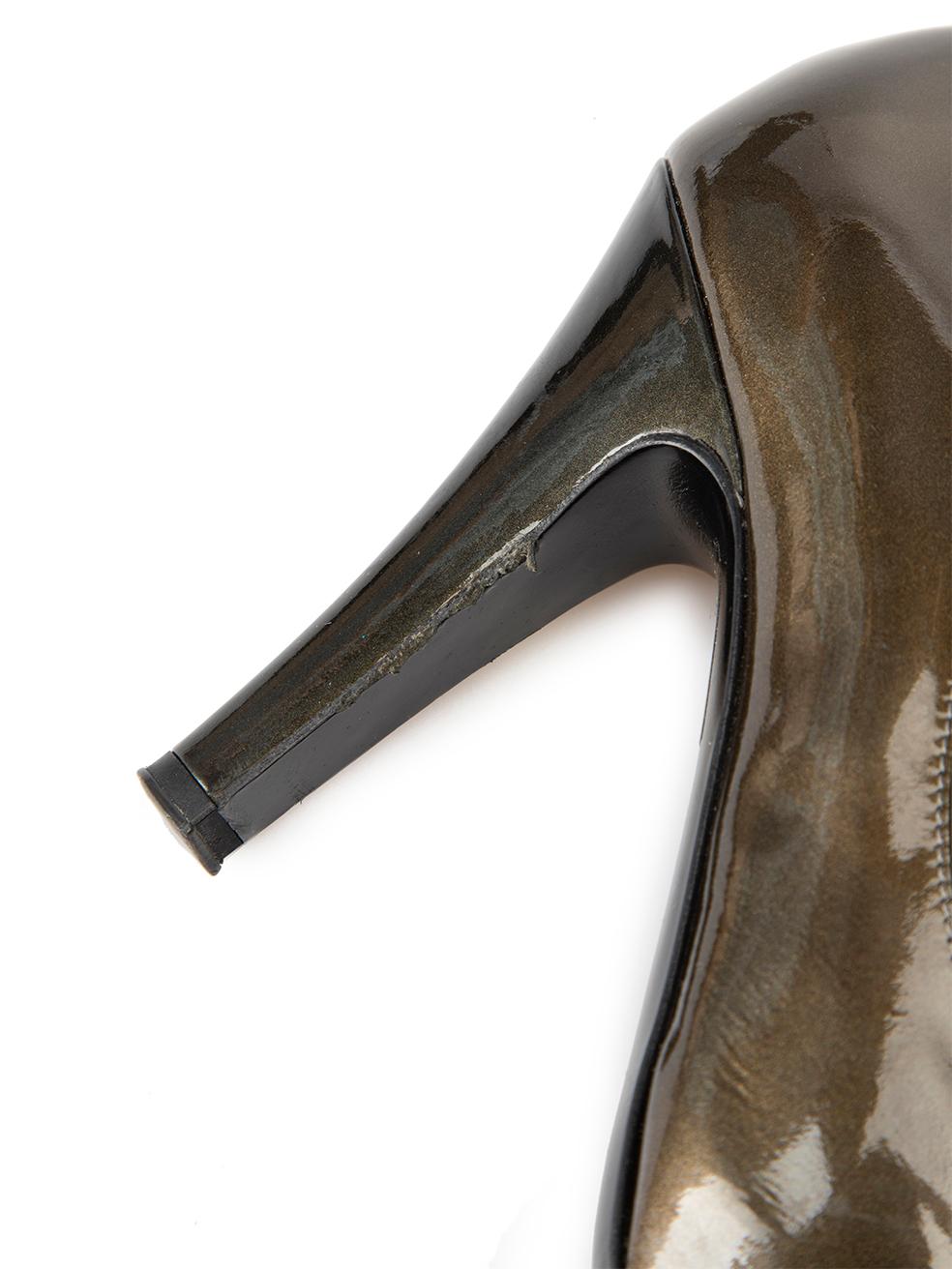 Women's Chanel Khaki Patent Leather Cap-Toe Platform Pumps Size IT 36.5