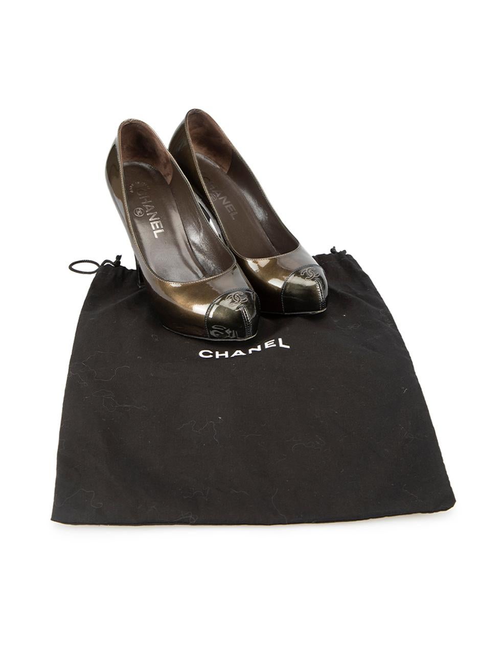 Chanel Khaki Patent Leather Cap-Toe Platform Pumps Size IT 36.5 2