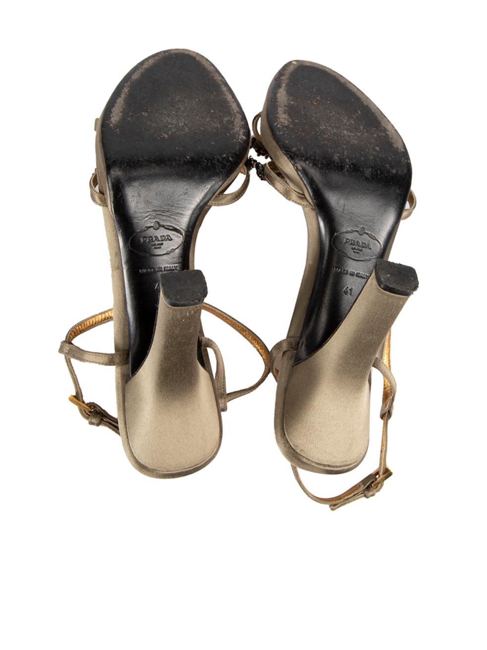 Women's Khaki Silk Satin Embellished Heeled Sandals Size IT 41 For Sale