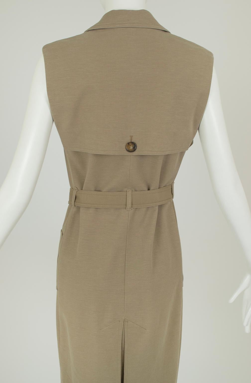Robe trench-coat Safari sans manches à double boutonnage, kaki - S, 2022 en vente 6