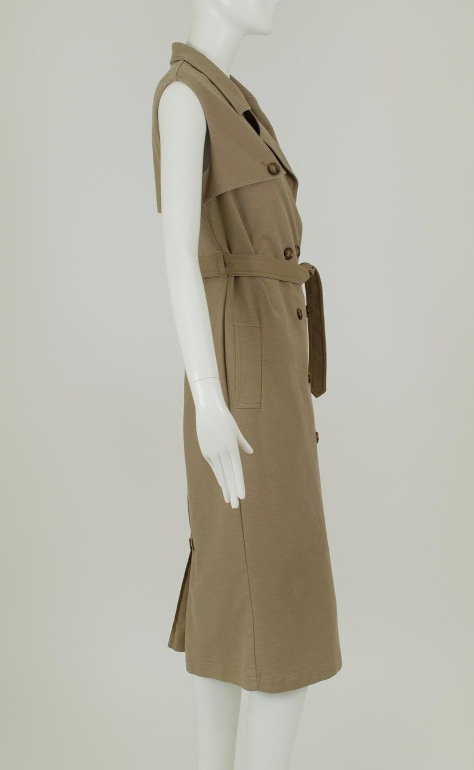 Marron Robe trench-coat Safari sans manches à double boutonnage, kaki - S, 2022 en vente