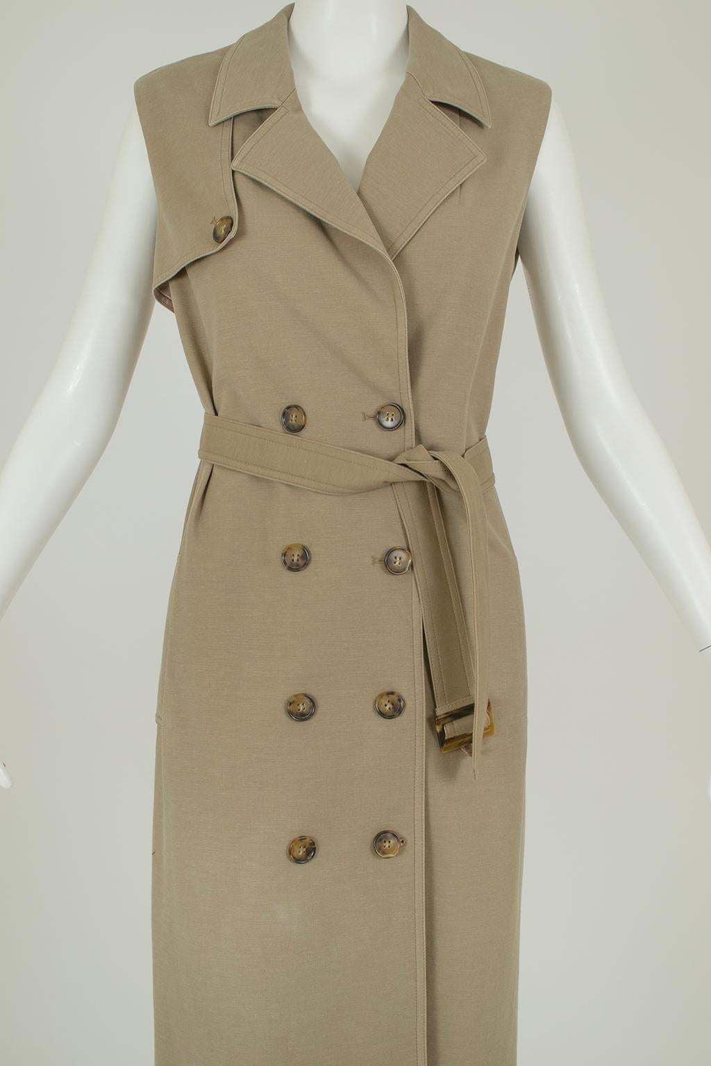 Robe trench-coat Safari sans manches à double boutonnage, kaki - S, 2022 en vente 2