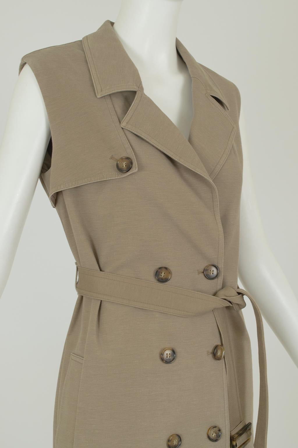 Robe trench-coat Safari sans manches à double boutonnage, kaki - S, 2022 en vente 3