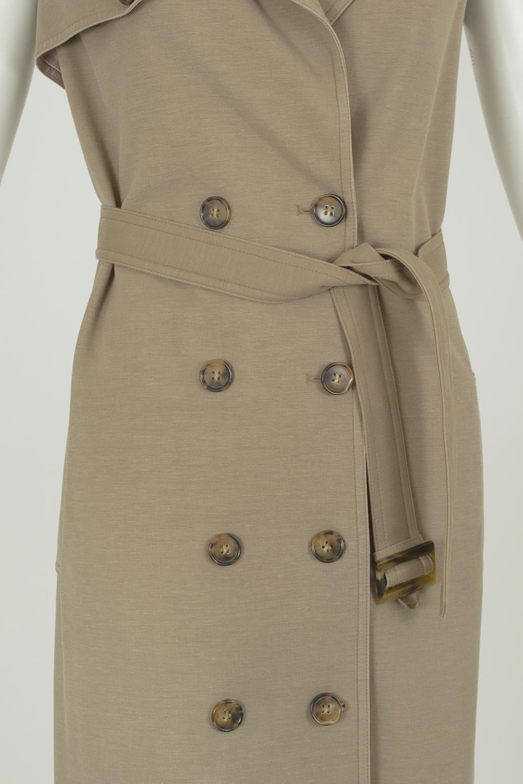 Robe trench-coat Safari sans manches à double boutonnage, kaki - S, 2022 en vente 4