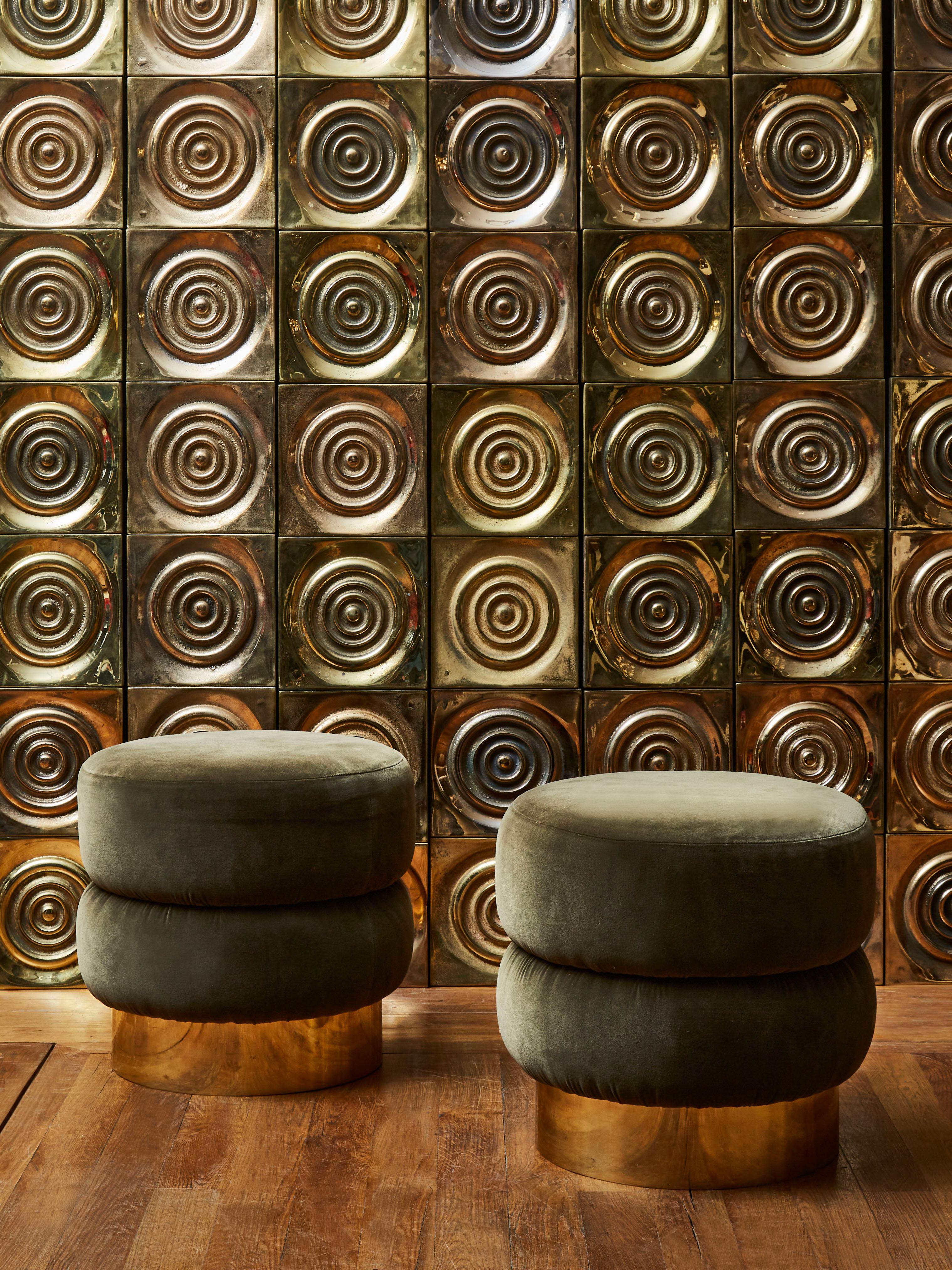 Elegant pair of stools with a brass base, upholstered with a khaki velvet,
France, 2021.