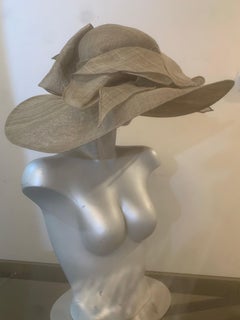 Khaki Wide Brim Couture Straw Hat w Round Crown and Large Draped Hat Band