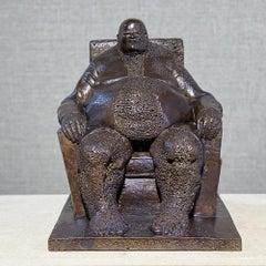 Debout figurative bronze sculpture man on throne by exiled artist Khaled Dawwa