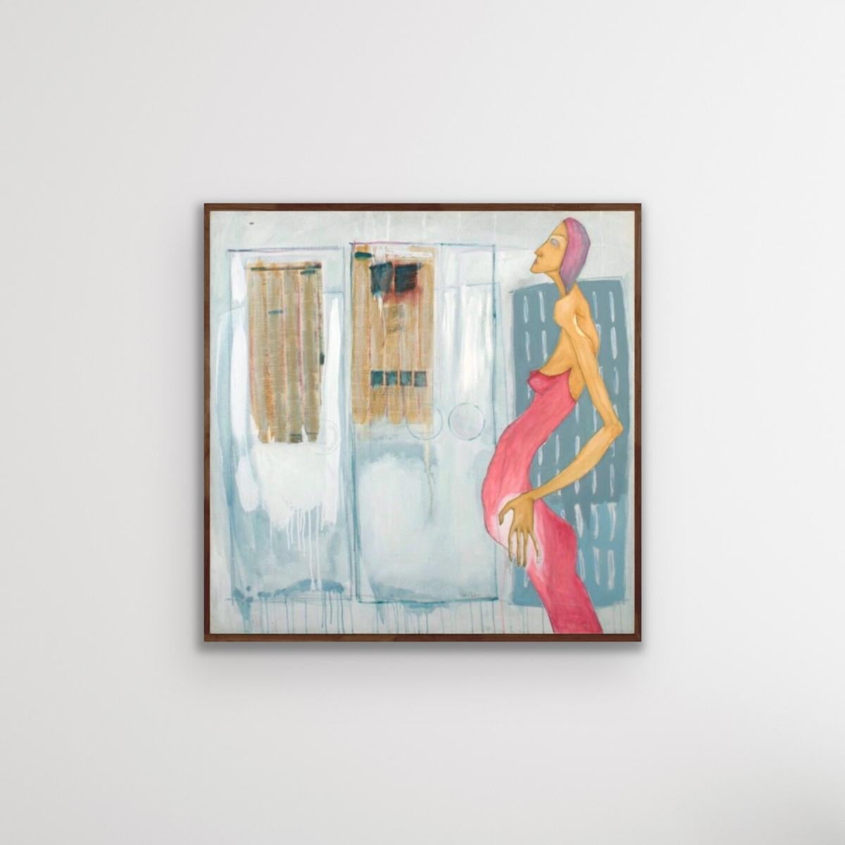 Buntes figuratives Gemälde einer Frau in rosafarbenem Kleid – Painting von Khalid Nadif