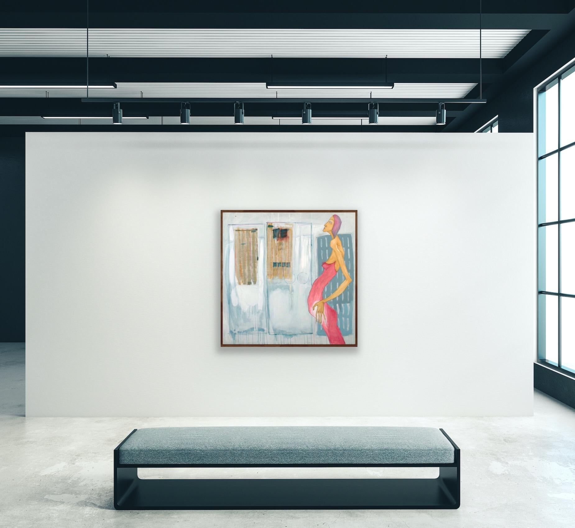 Buntes figuratives Gemälde einer Frau in rosafarbenem Kleid (Zeitgenössisch), Painting, von Khalid Nadif
