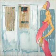 Pittura figurativa colorata di una donna in abito rosa