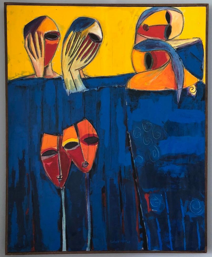 Brightly colored contemporary figurative painting by Moroccan artist Khalid Nadif. 

The painting is offered in a simple wood frame. 

Size: 40 x 32.5 inches. 

Signed on the back by the artist.

Portrait, female figure, women, figurative art,