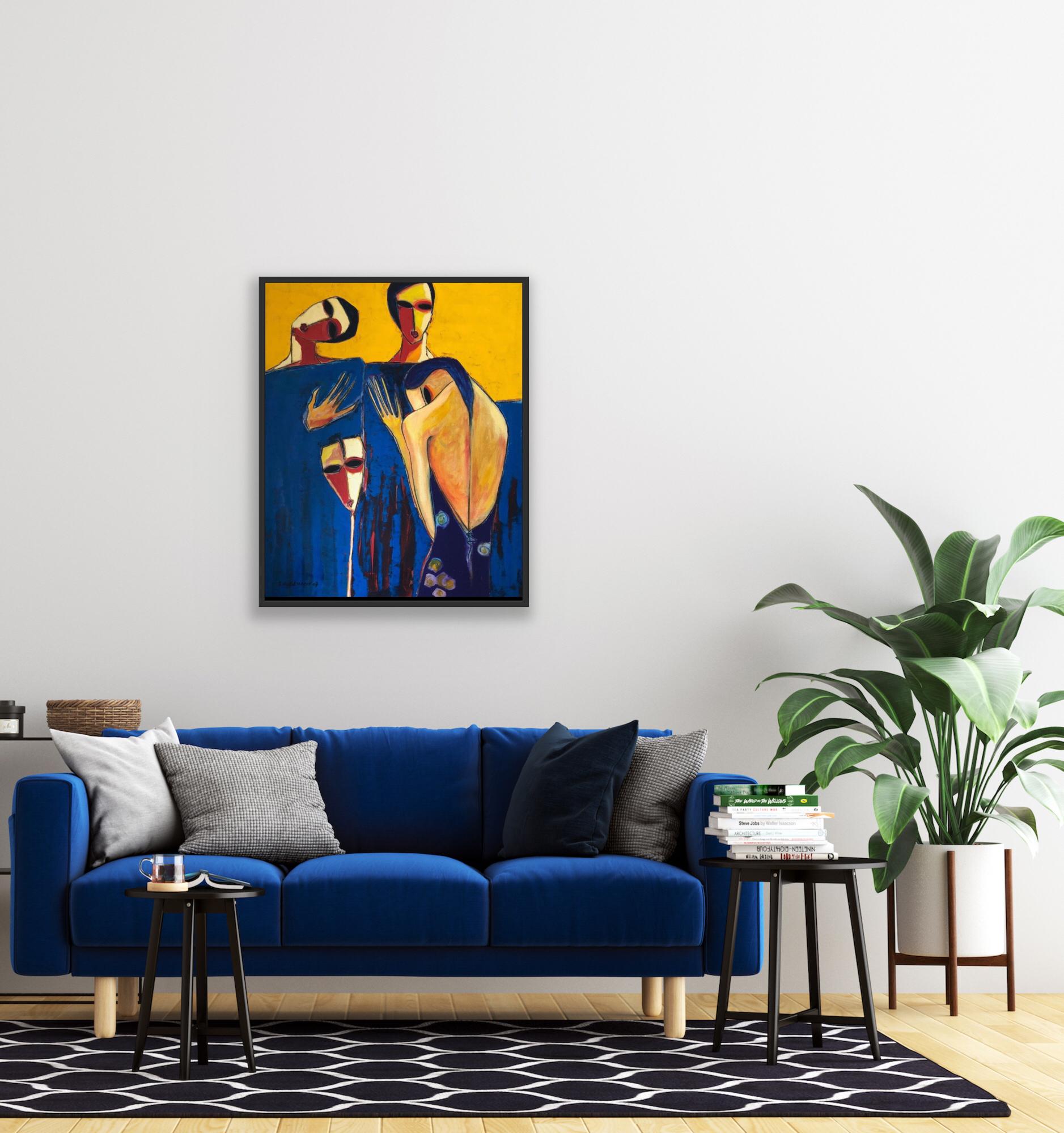 Brightly colored contemporary figurative painting by Moroccan artist Khalid Nadif. 

The painting is offered in a simple wood frame. 

Size: 40 x 32.5 inches (framed)

Signed on the back by the artist.

Portrait, female figure, women, figurative