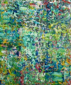 'In the Forefields' - colorful abstract painting, layered, impasto, green