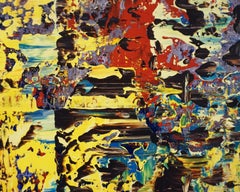 'Under the Aspen Tree' - colorful abstract painting, layered, impasto, yellow