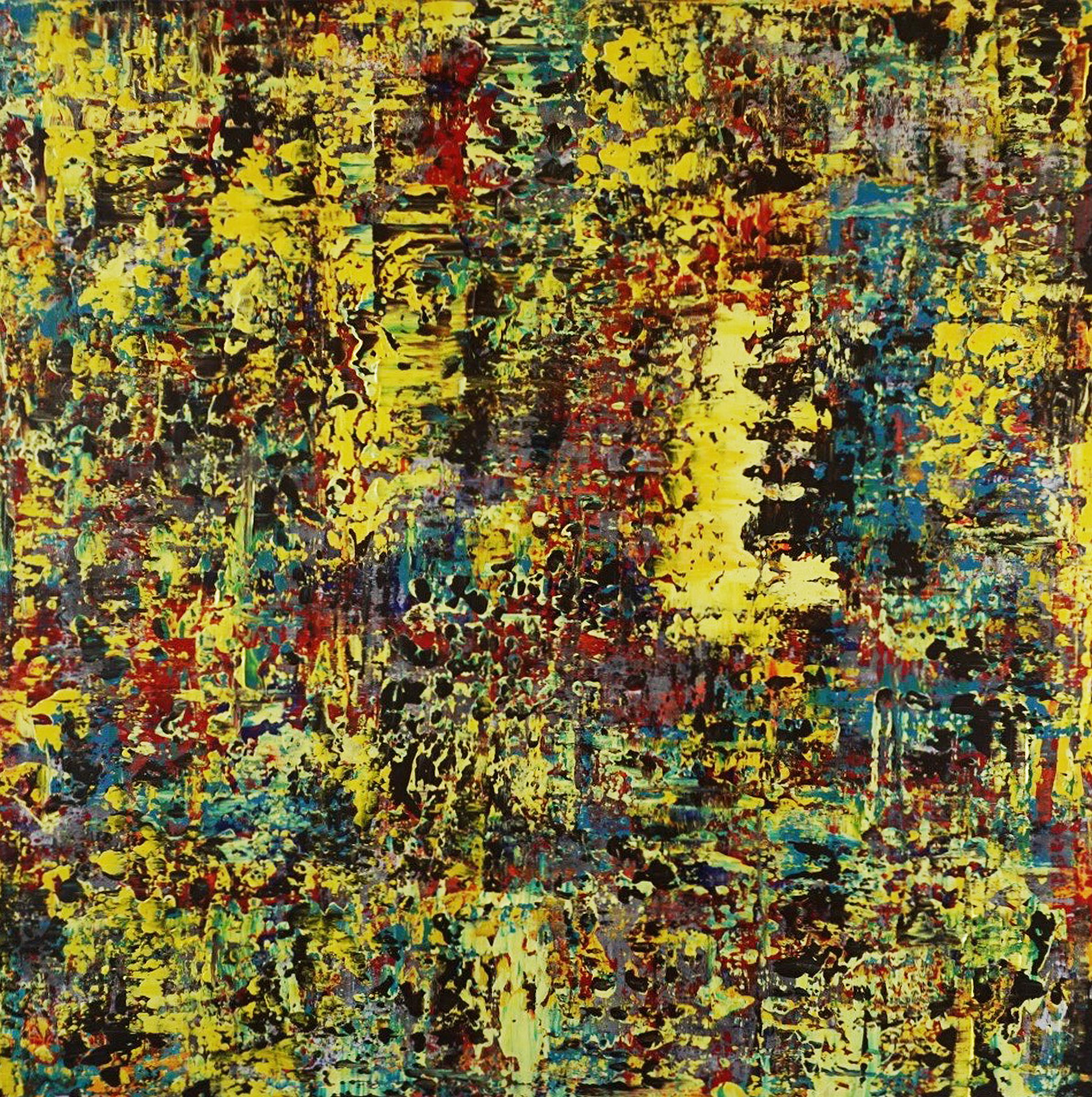 'Under the Aspen Tree' - colorful abstract painting, layered, impasto, yellow