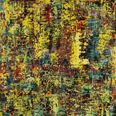 'Under the Aspen Tree' - colorful abstract painting, layered, impasto, yellow