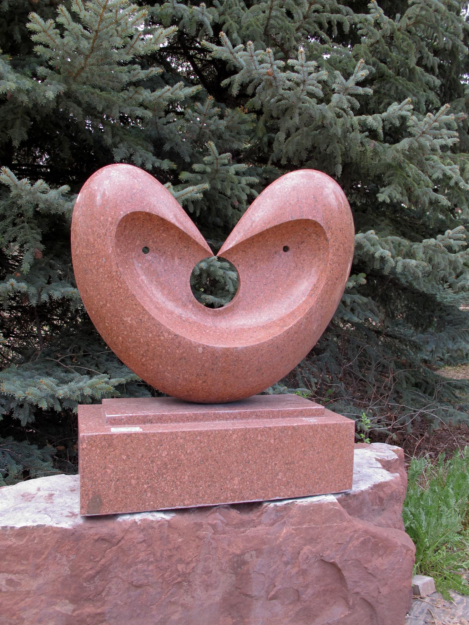 Matrimony, red granite sculpture, heart, by Khang Pham-New, indoor, outdoor 