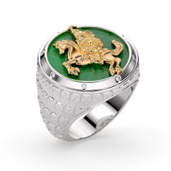 Khan's Dominion Men's Green Guilloché Enamel 18k Yellow & White Gold Ring