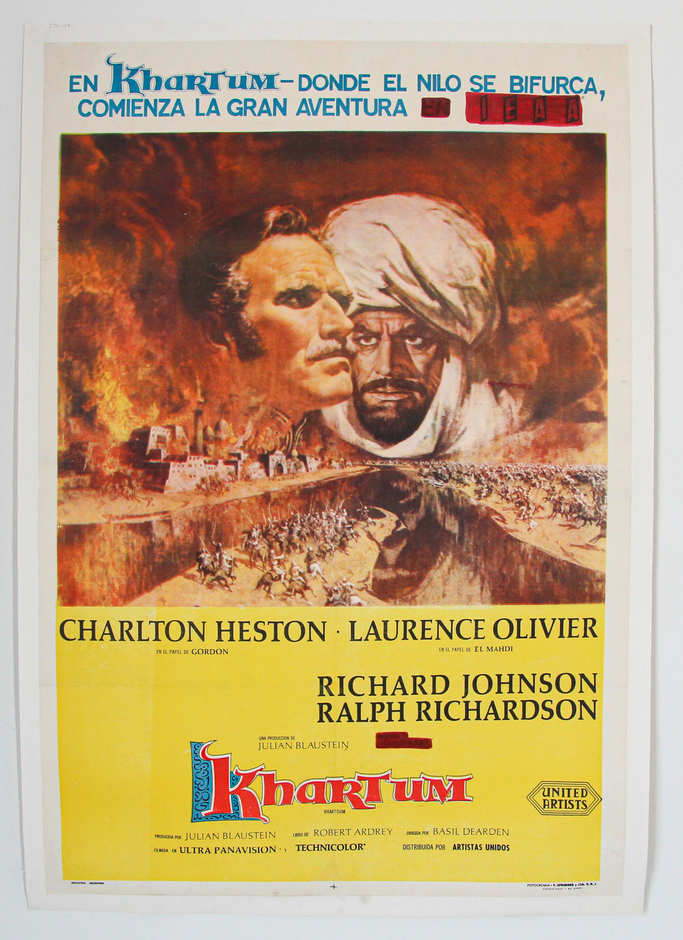 Hand-Crafted Khartoum, 1966 British Epic War Movie Poster in Spanish For Sale