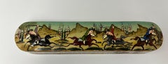 Khatam Marquetry Qalamdan Pen Box with Hand-Painted Equestrian Miniature 1940s