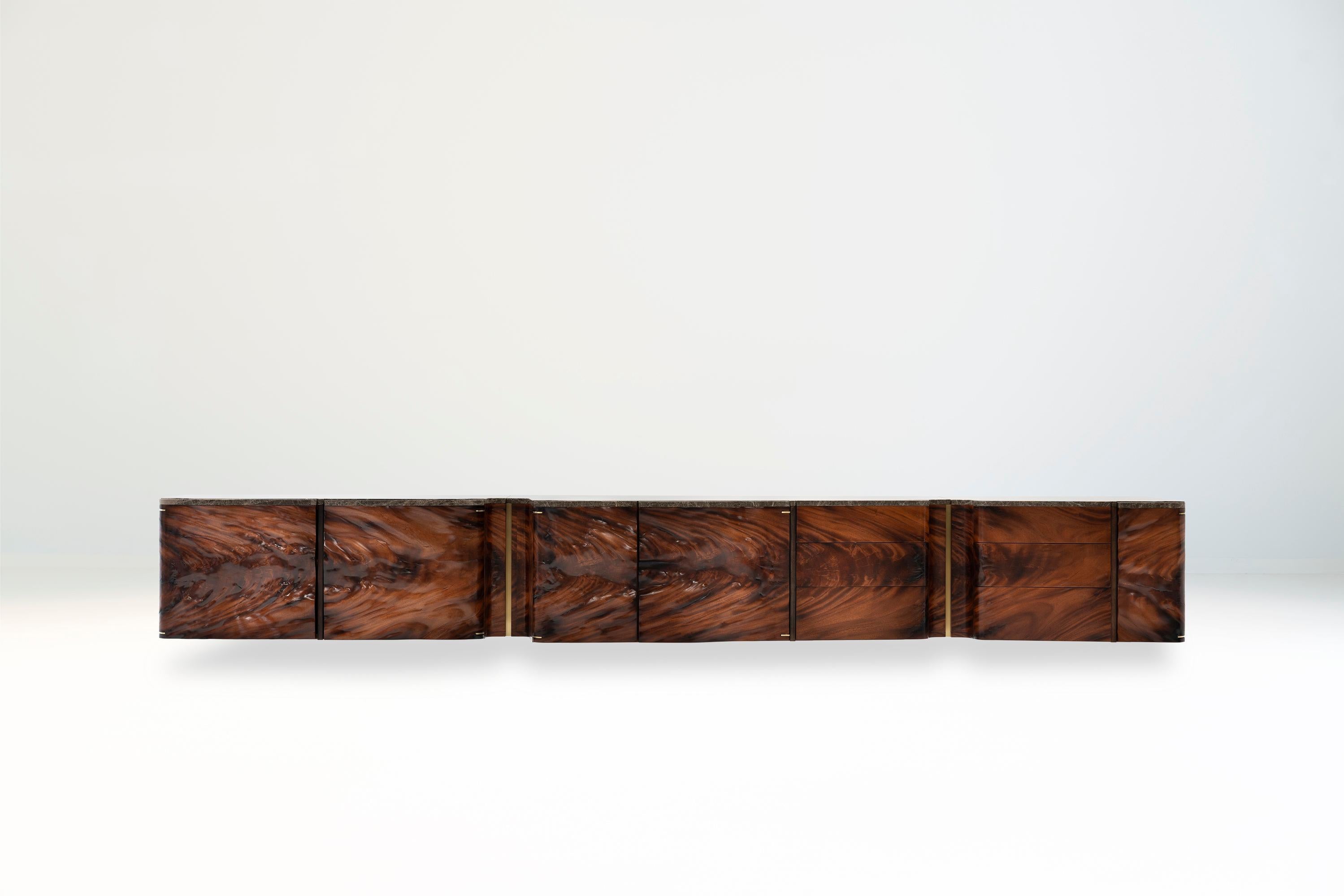 Modern Khaya Ballena, 21st Century Large Mahogany Veneer and Marble Sideboard For Sale