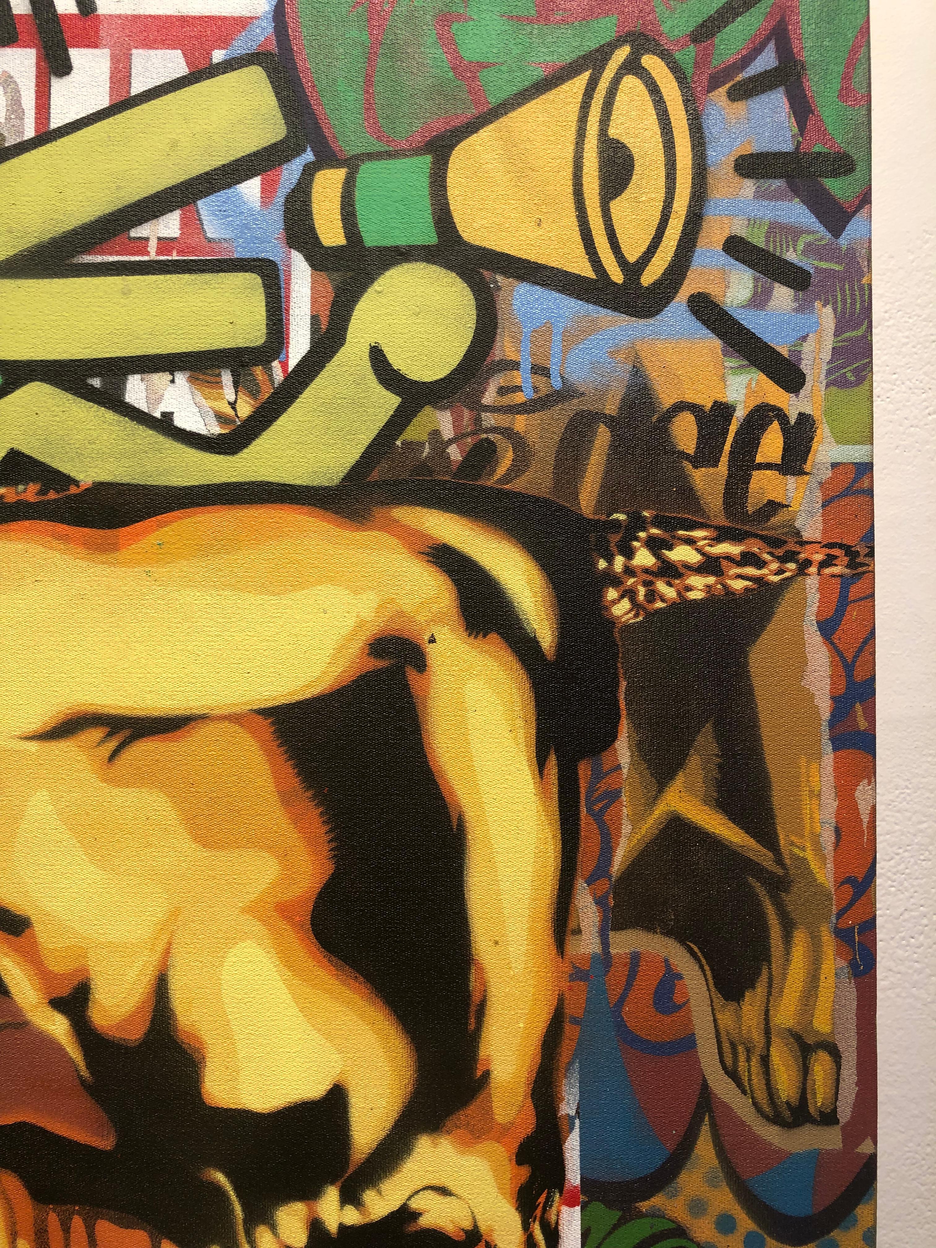 Podium – Buntes, kantiges Pop-Art- Originalgemälde mit Graffiti (Beige), Figurative Painting, von Khaya Witbooi