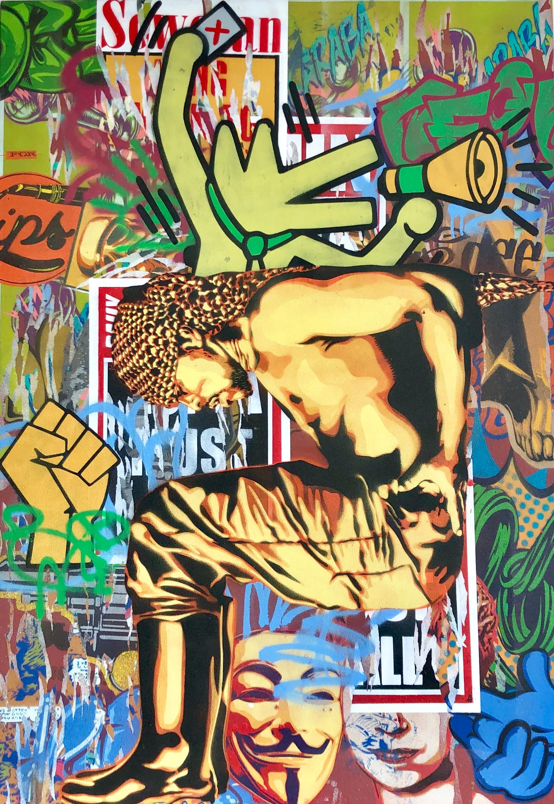 Khaya Witbooi Figurative Painting - Podium - Colorful, Edgy Pop Art Meets Street Art Original Painting with Graffiti