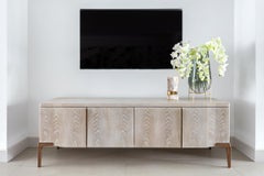 Khepera Credenza / Contemporary Media Console in Aged Oak, Bronze Patina Legs
