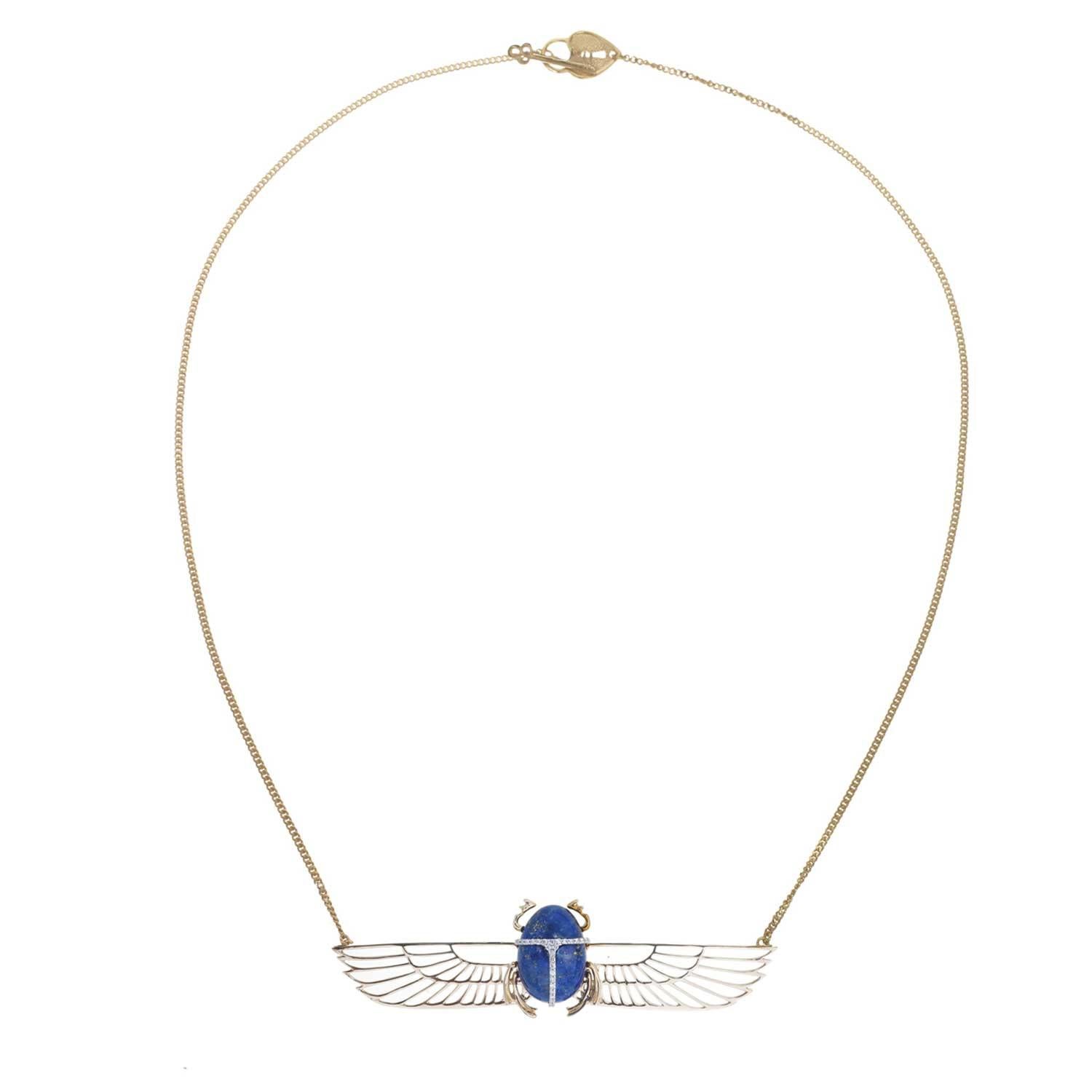 In Egyptian mythology, the scarab beetle symbolises rebirth, renewal and protection whilst Khephera - the god of sunrise - is always connected to the cycle of life.
With Lapis lazuli and diamonds, let this beautiful piece be a constant reminder of