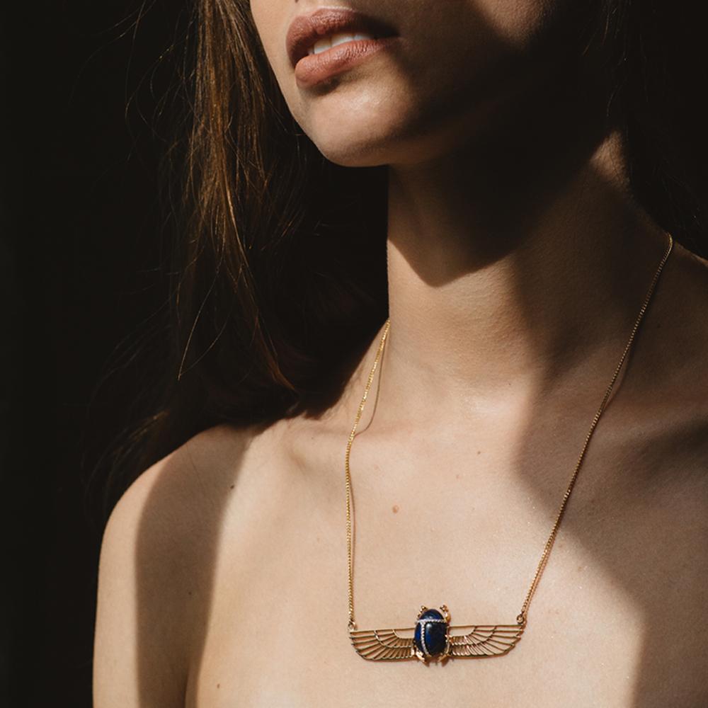 Contemporary Khephera Diamond and Lapis Lazuli Necklace For Sale