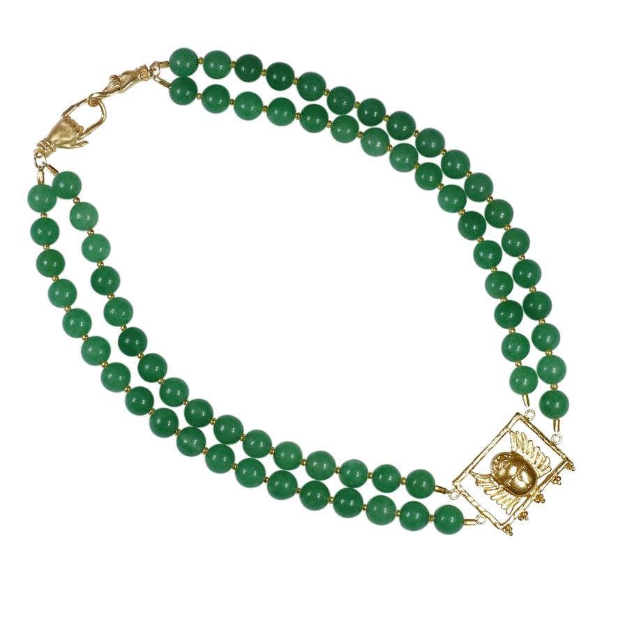 Khepri Jade Necklace - 18K Gold Plated with Jade beads
Handcrafted and individually cast, Olivia carves each piece from wax, making these necklaces unique, which we believe is what gives them their beauty. Each bead is hand strung with natural,