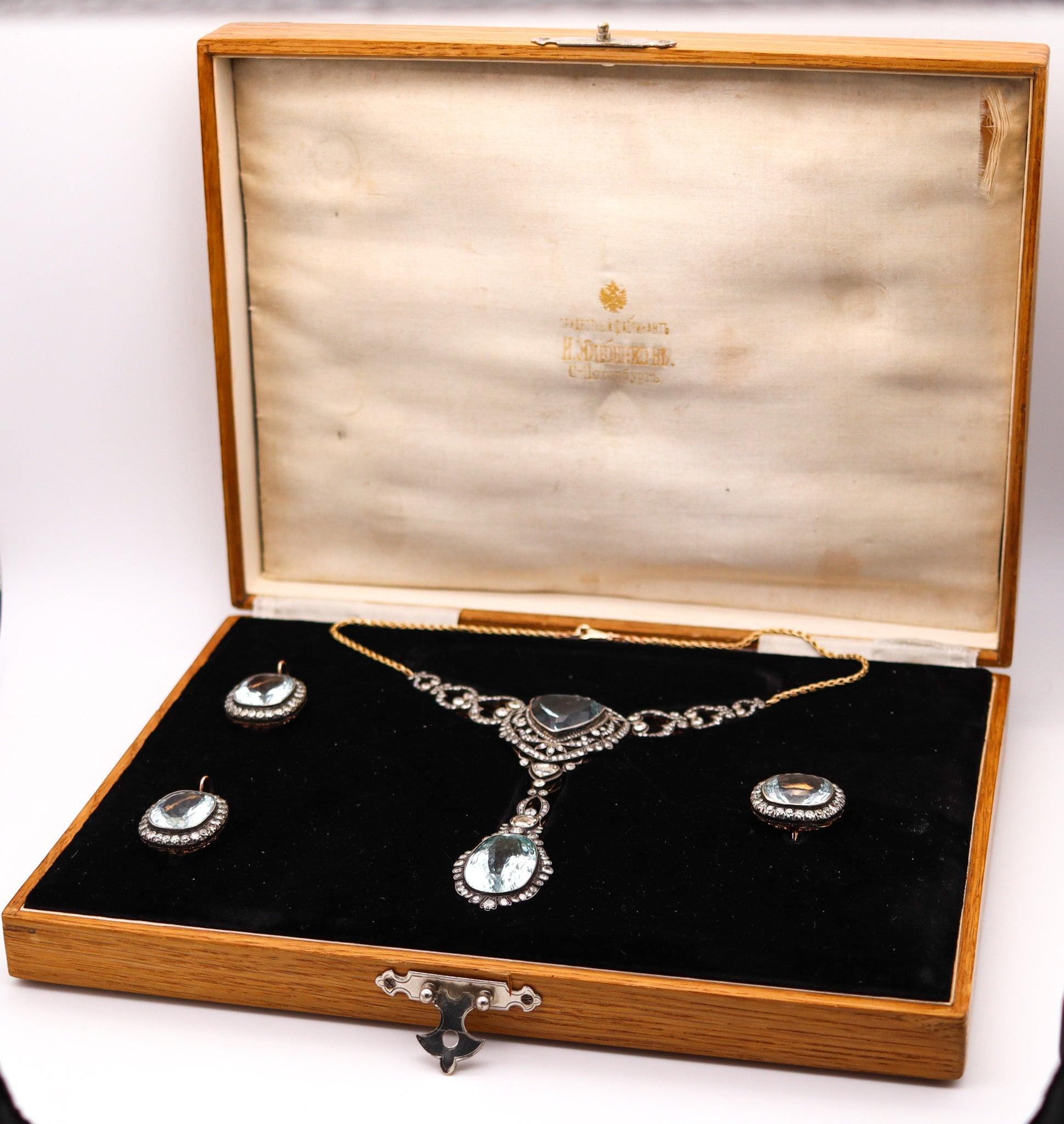 Edwardian KHLEBNIKOV Ear-Drops In 14Kt Gold Silver With 53.28 Ctw Aquamarines & Diamonds