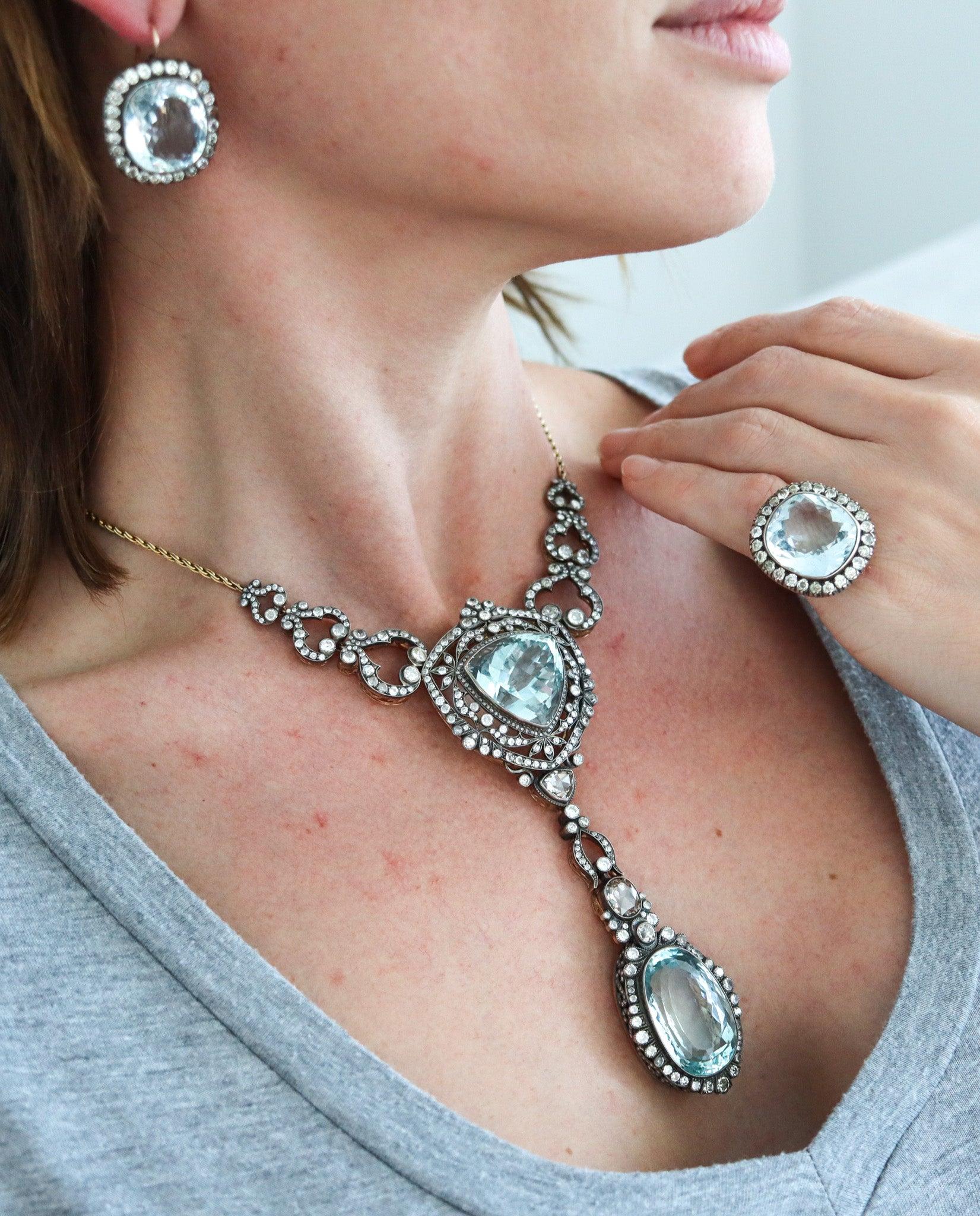 Cushion Cut KHLEBNIKOV Ear-Drops In 14Kt Gold Silver With 53.28 Ctw Aquamarines & Diamonds
