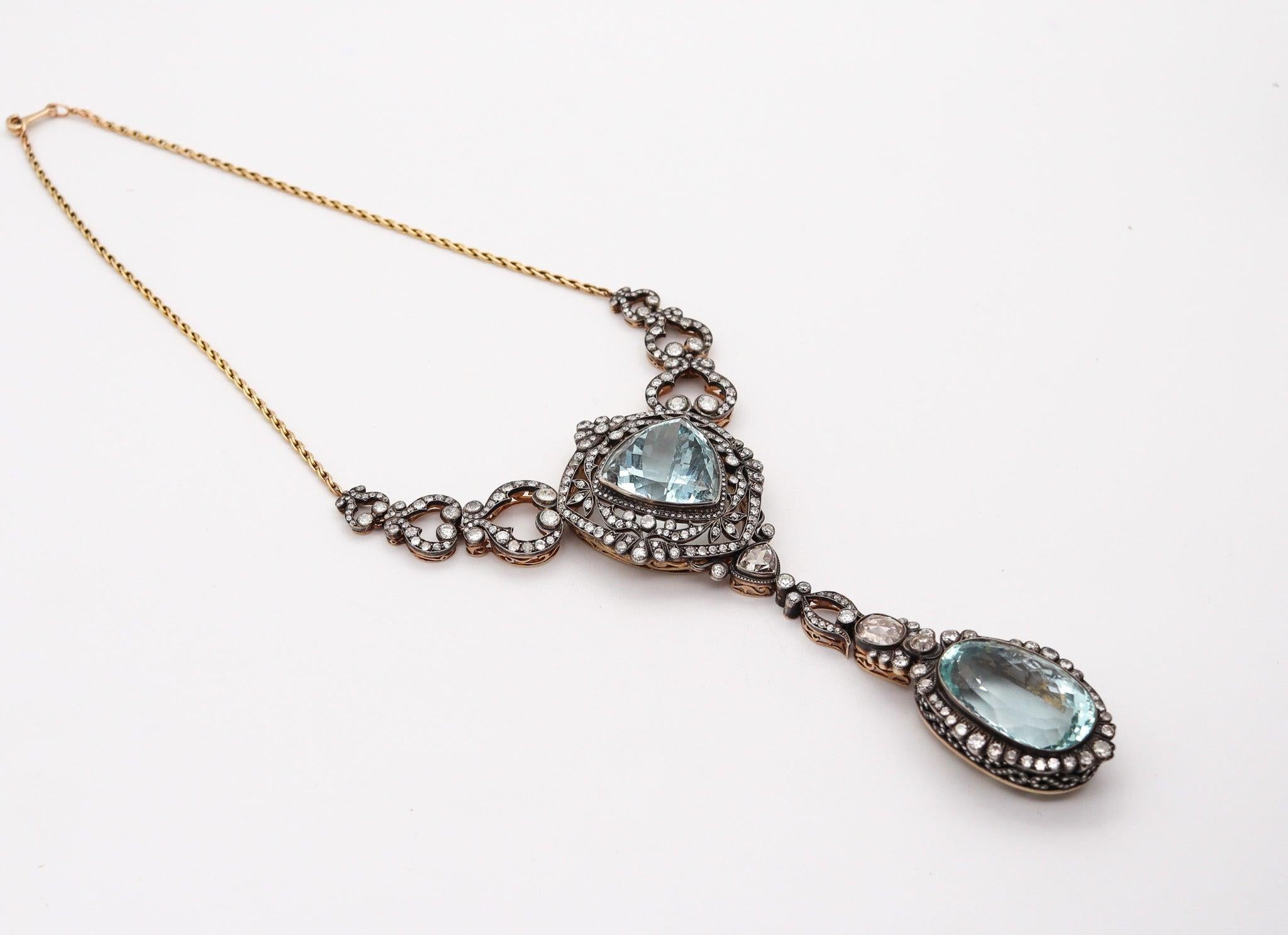 Edwardian KHLEBNIKOV Necklace In 14Kt Gold Silver With 118.91 Ctw Aquamarines & Diamonds For Sale