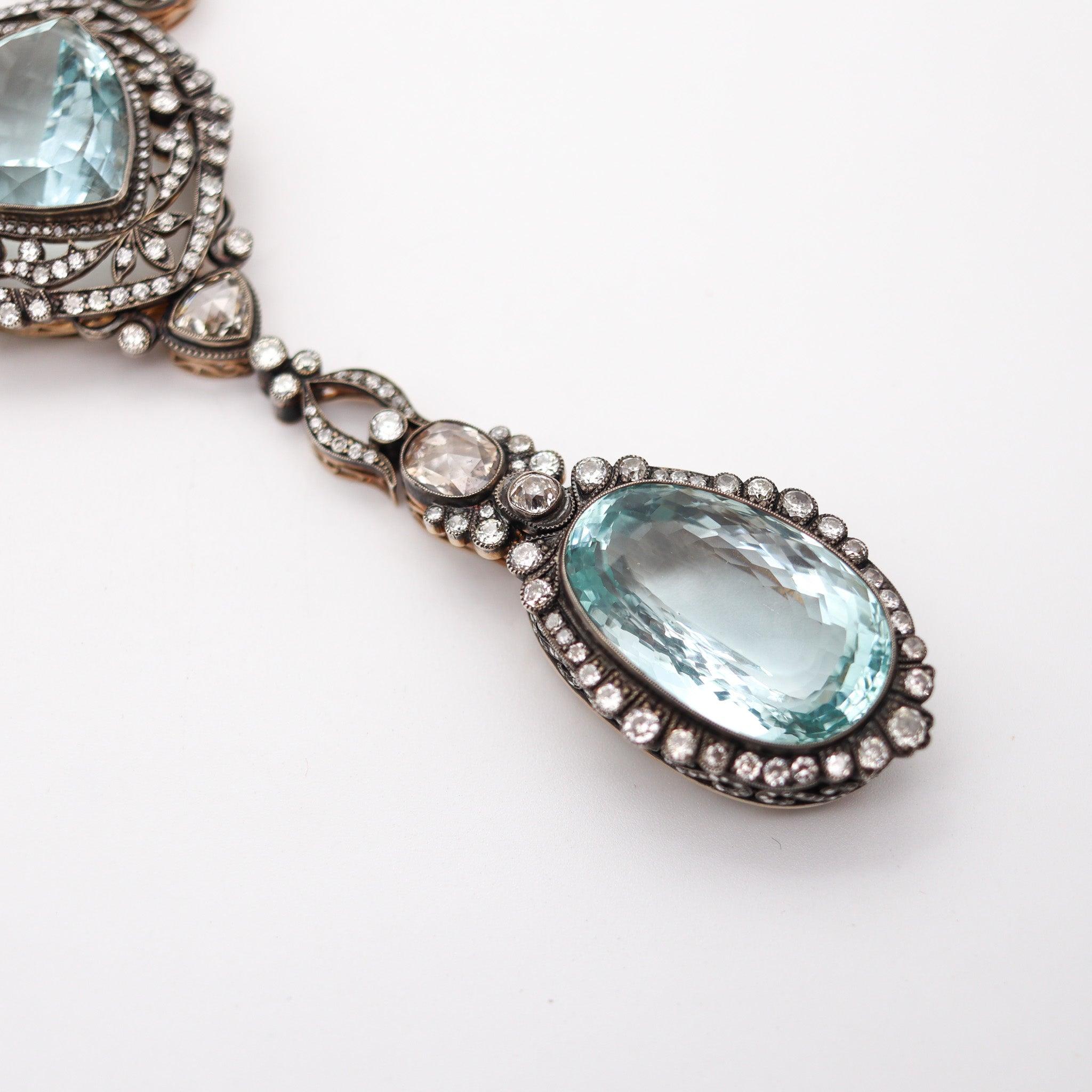 Old European Cut KHLEBNIKOV Necklace In 14Kt Gold Silver With 118.91 Ctw Aquamarines & Diamonds For Sale