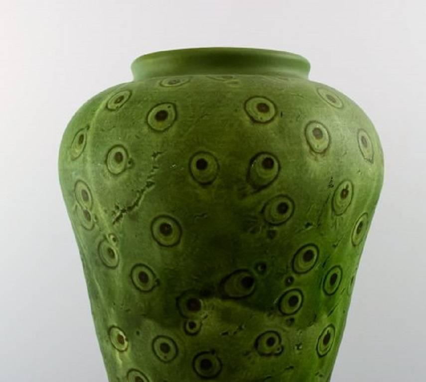 Art Deco Kähler, Denmark, Large Glazed Stoneware Vase, Beautiful Green Glaze, 1930s-1940s