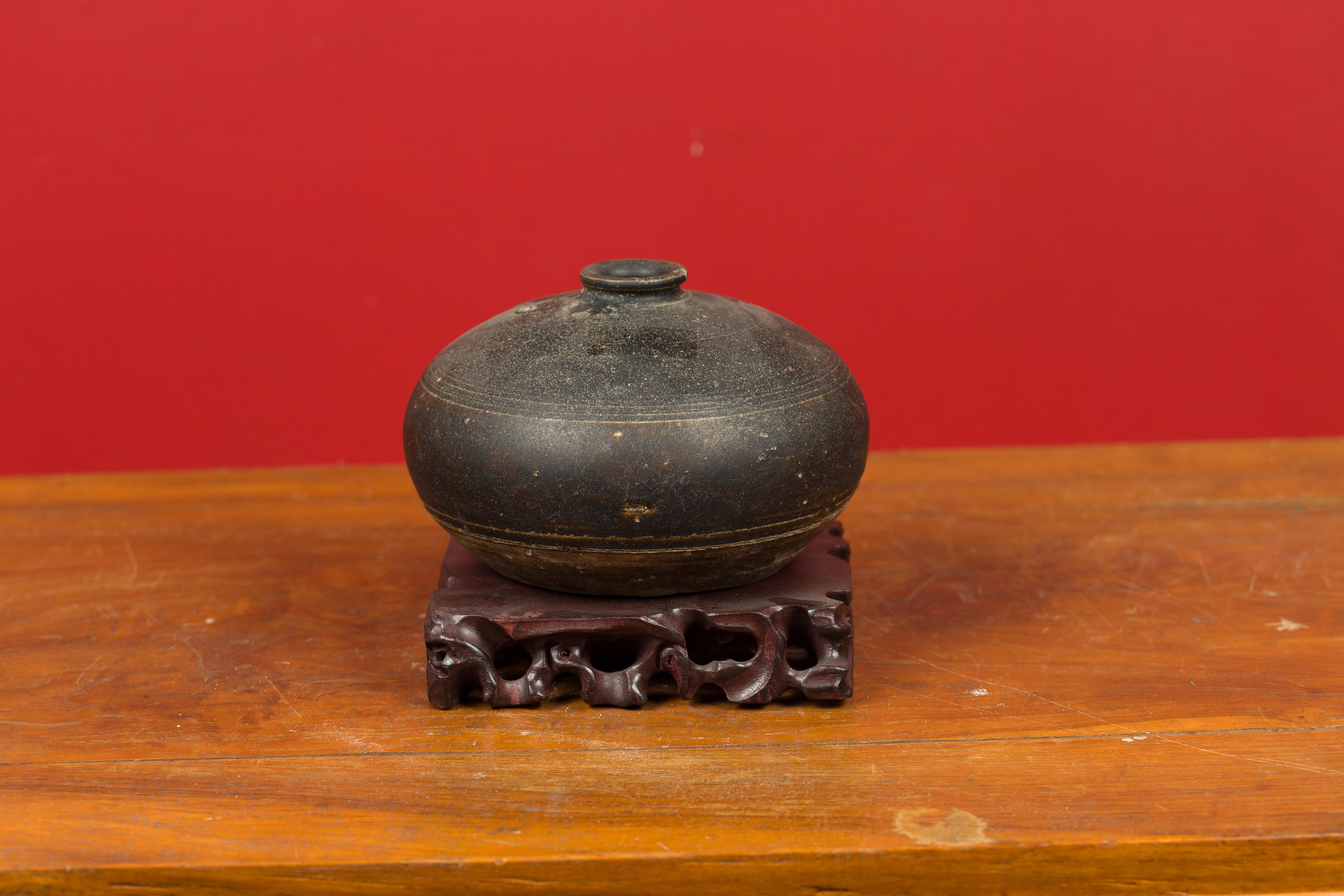 Cambodian Khmer Angkor Period 12th Century Black Glazed Ceramic with Concentric Lines