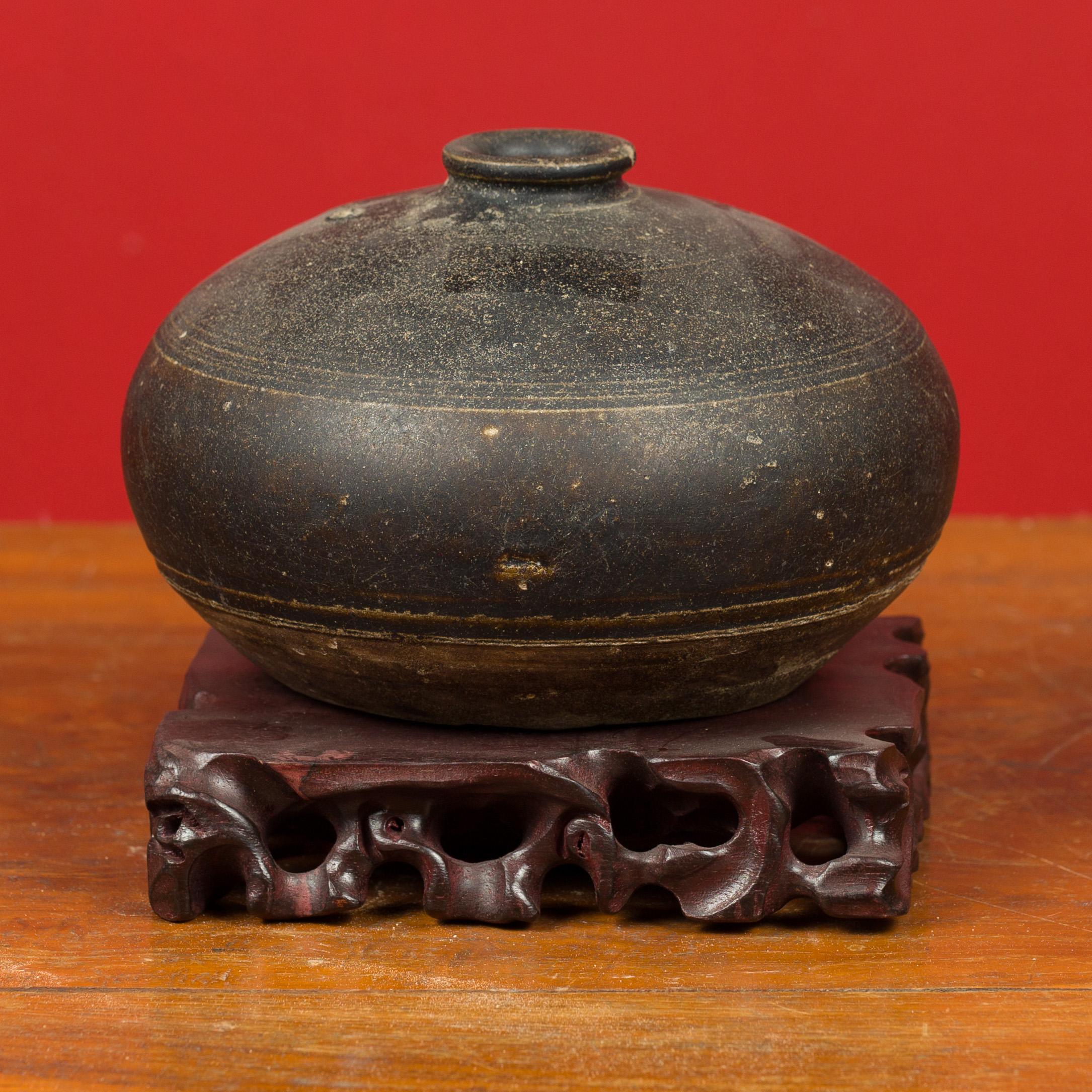 Carved Khmer Angkor Period 12th Century Black Glazed Ceramic with Concentric Lines