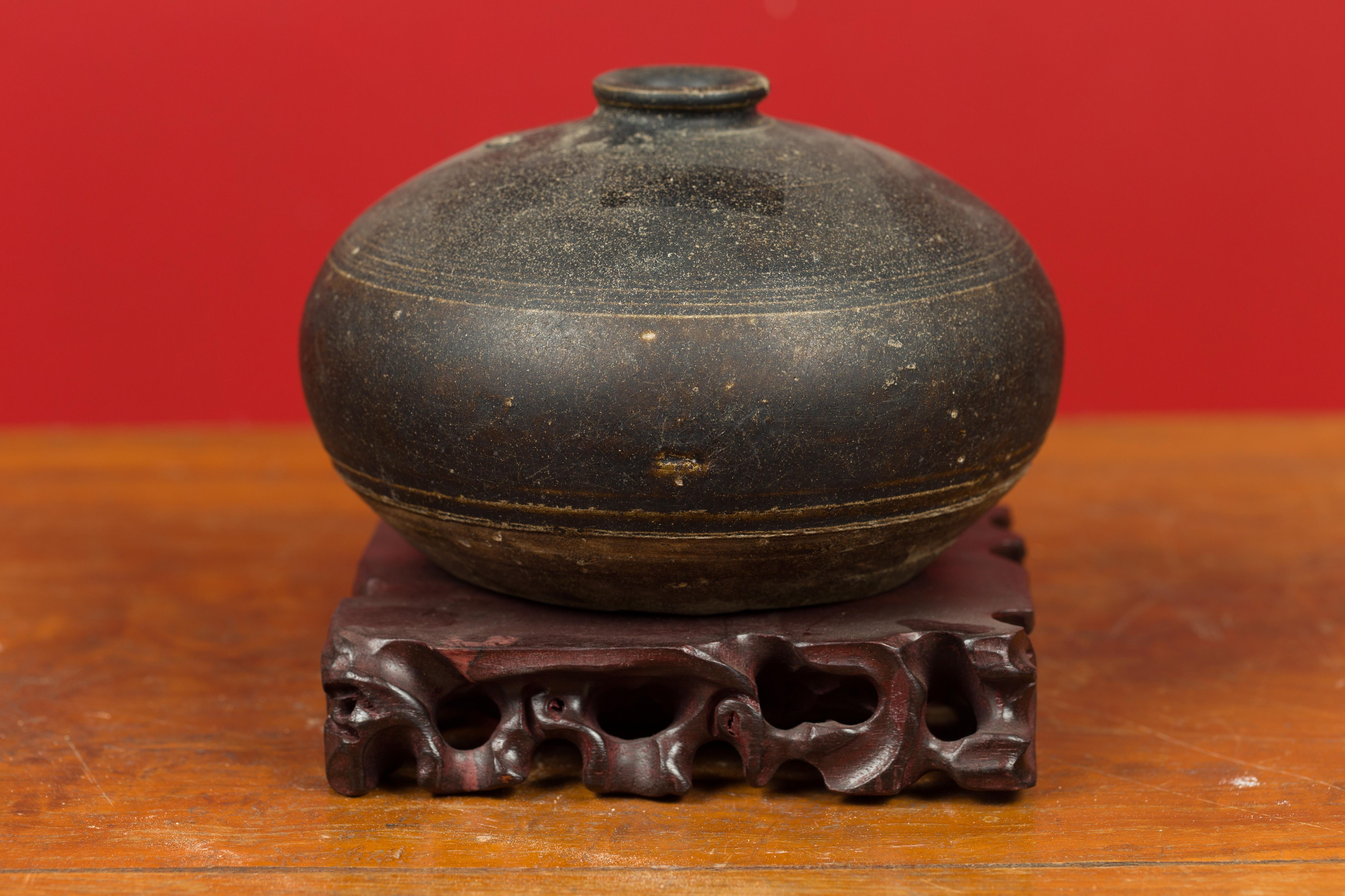 18th Century and Earlier Khmer Angkor Period 12th Century Black Glazed Ceramic with Concentric Lines