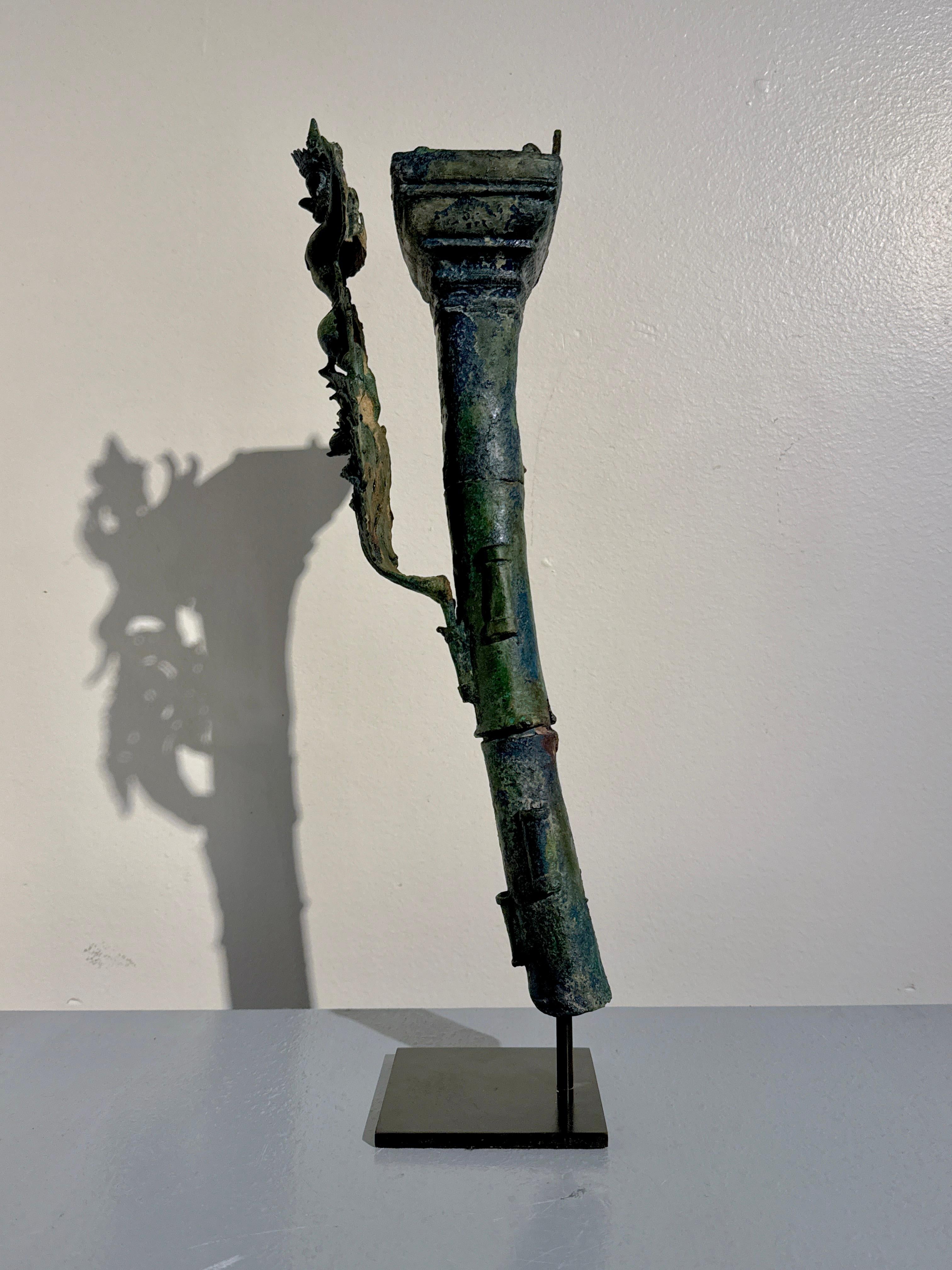 Khmer Bayon Bronze Garuda on Naga Finial, 12th/14th Century, Cambodia In Good Condition For Sale In Austin, TX