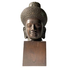 Khmer Bronze Buddha Head Sculpture, Cambodia, Late 18th/Early 19th Century