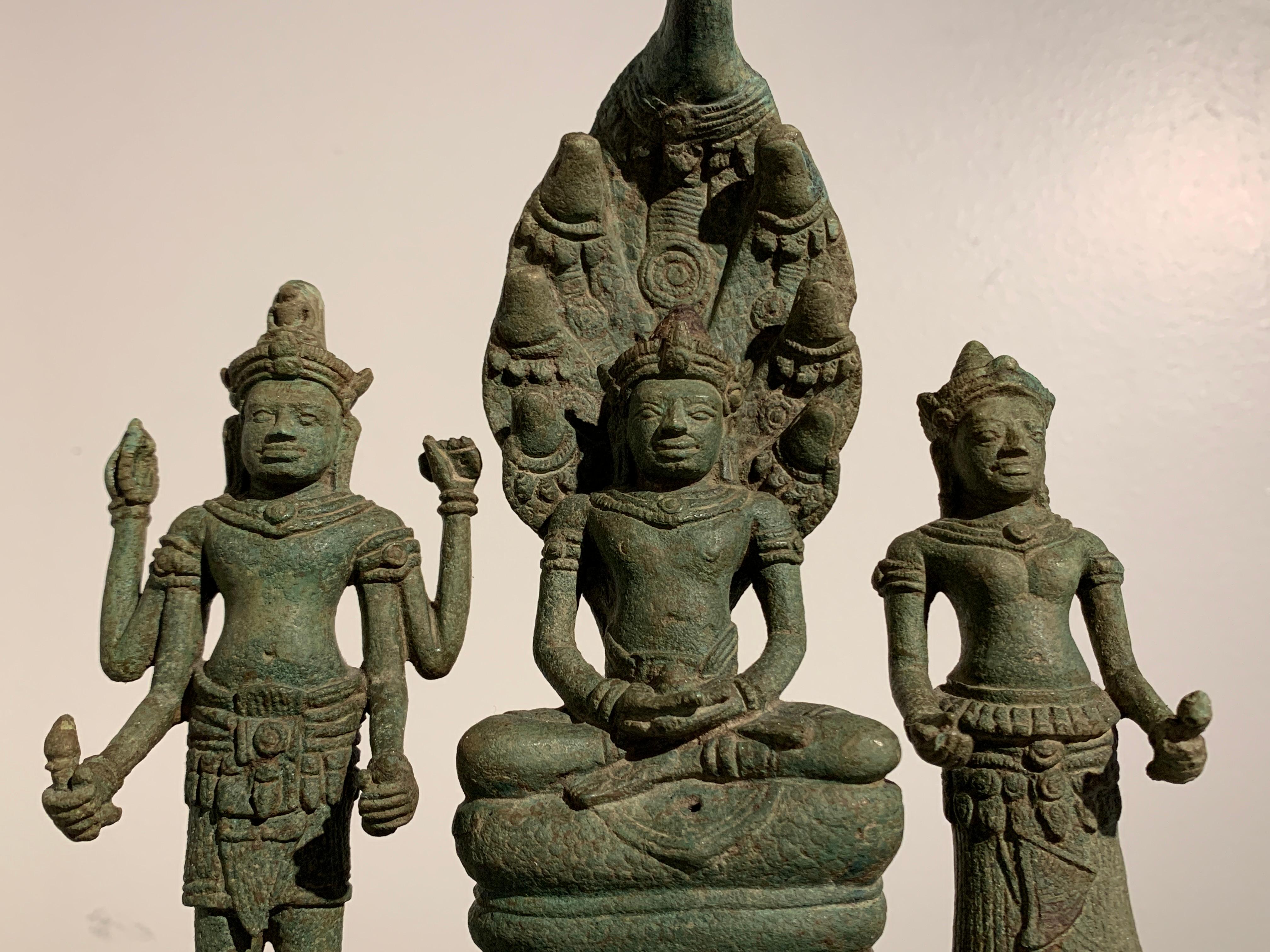 Cambodian Khmer Bronze Buddhist Triad, Style of the Bayon, 12th-13th Century, Cambodia For Sale