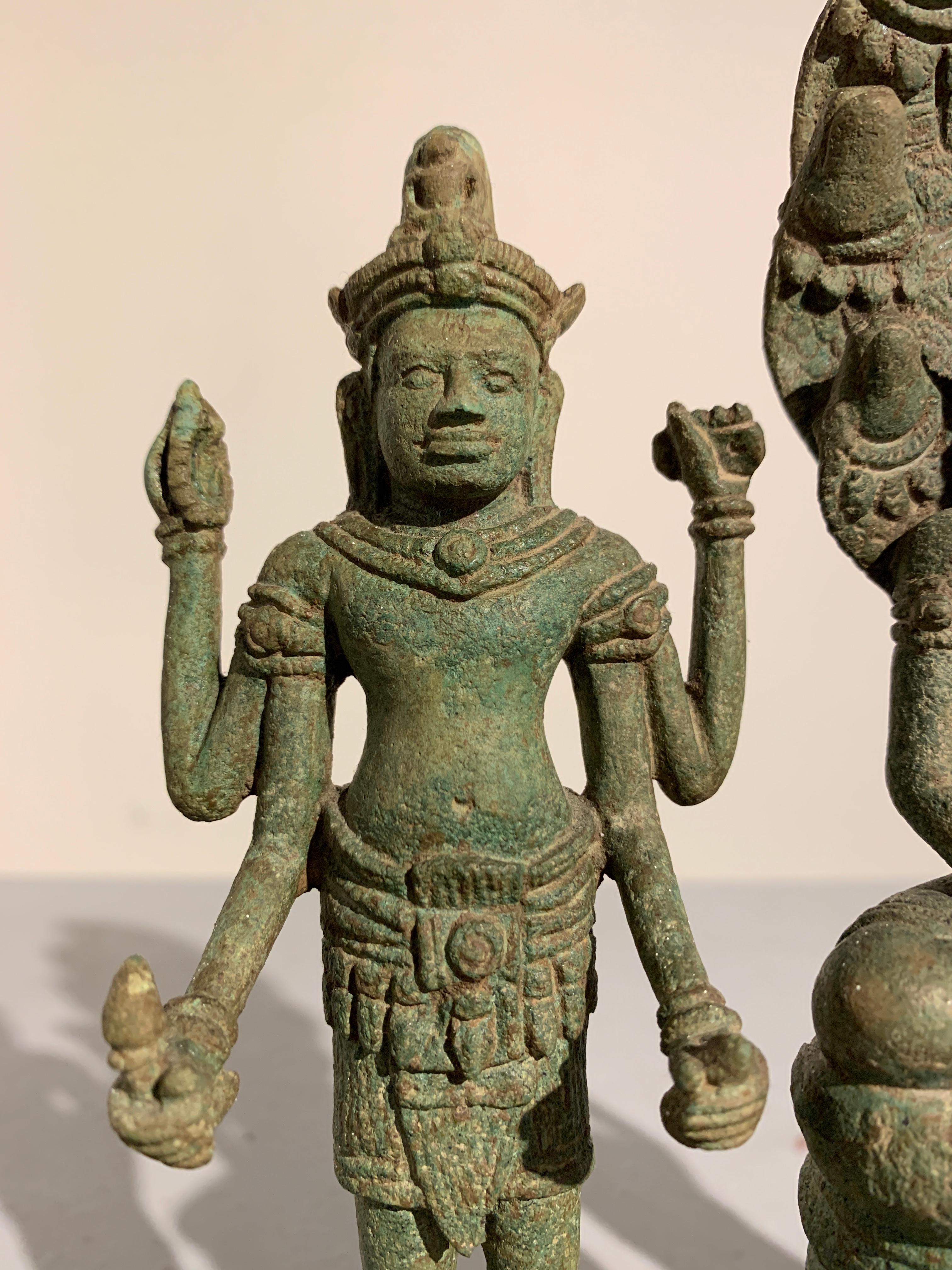 Khmer Bronze Buddhist Triad, Style of the Bayon, 12th-13th Century, Cambodia In Fair Condition For Sale In Austin, TX