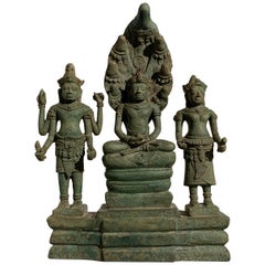 Antique Khmer Bronze Buddhist Triad, Style of the Bayon, 12th-13th Century, Cambodia