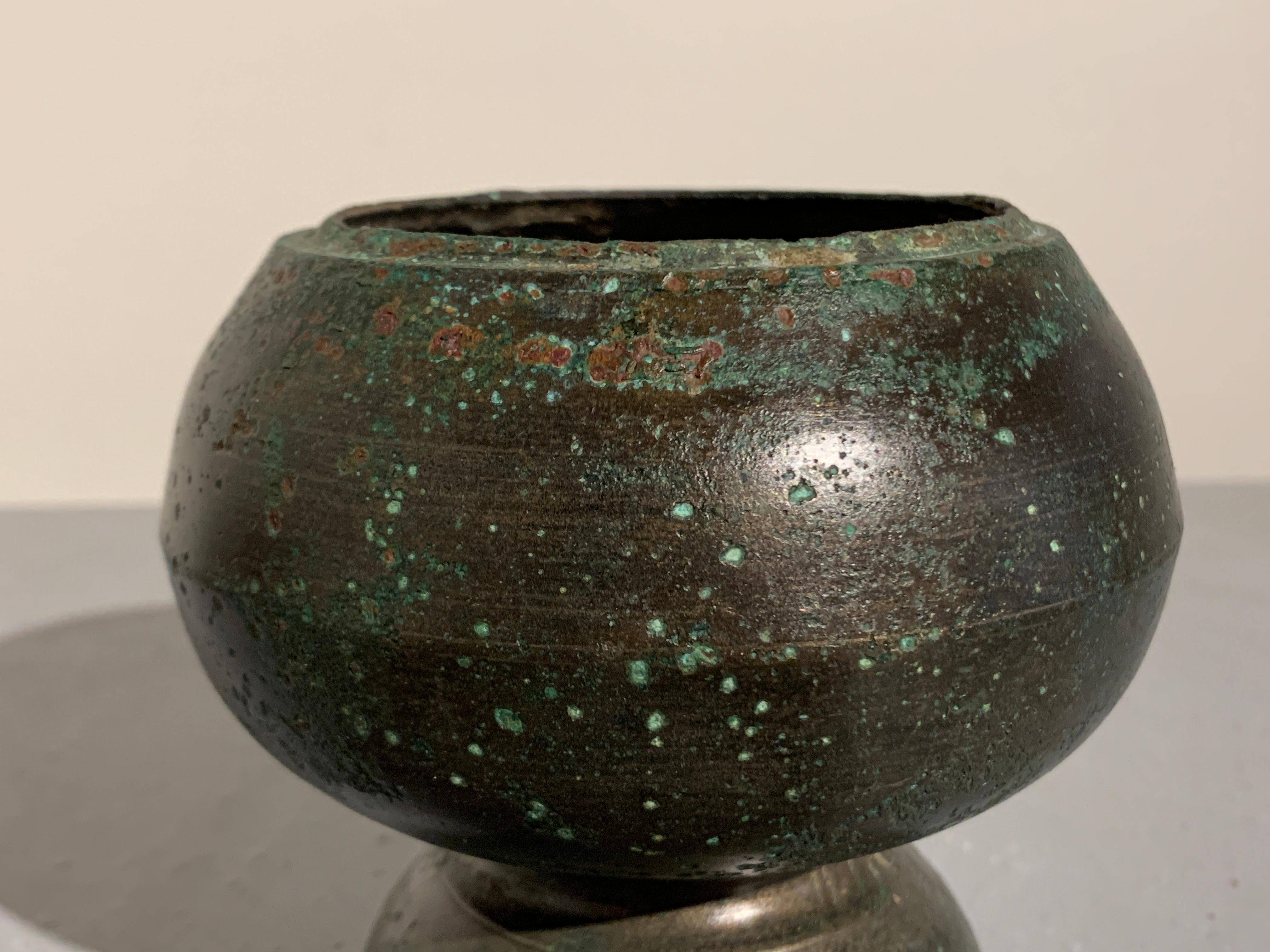 Khmer Bronze Two Part Bottle Vase, Angkor Period, 12th-14th Century In Good Condition For Sale In Austin, TX