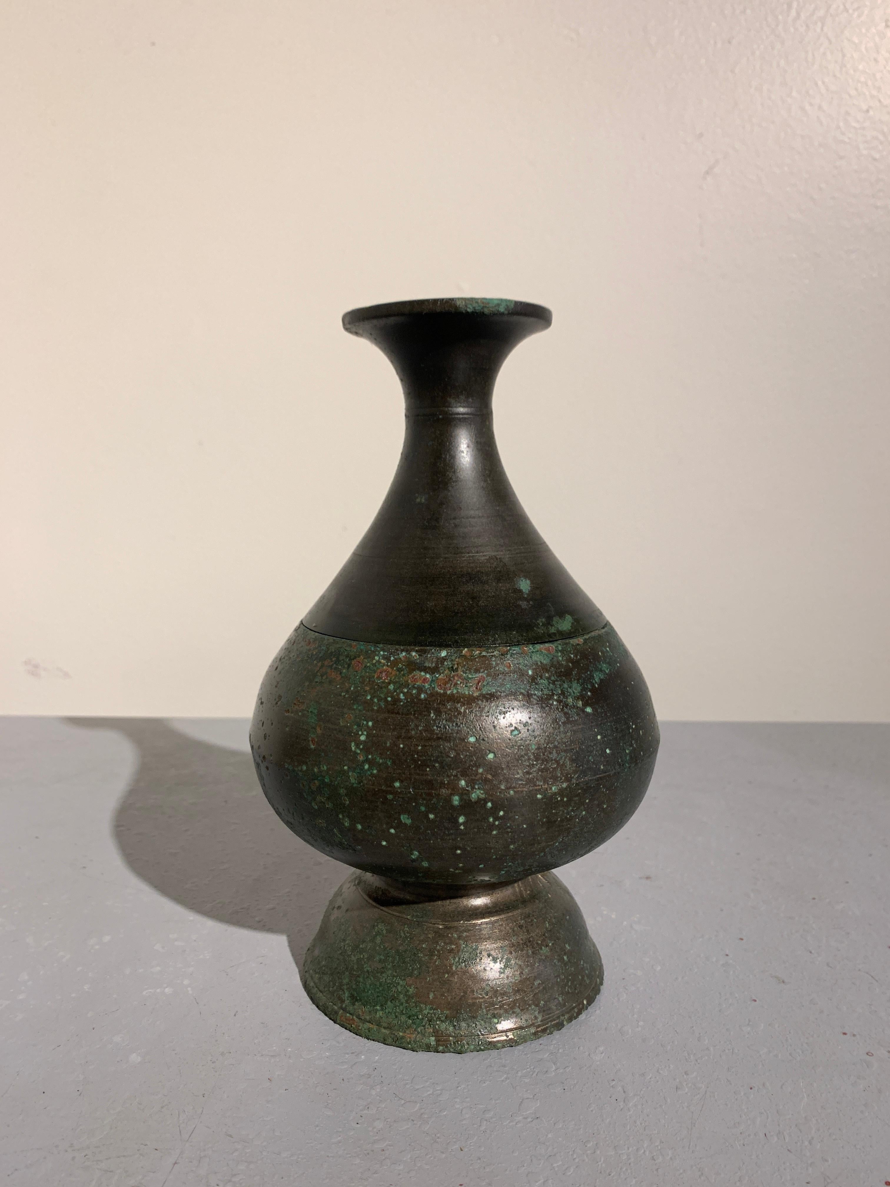 18th Century and Earlier Khmer Bronze Two Part Bottle Vase, Angkor Period, 12th-14th Century For Sale